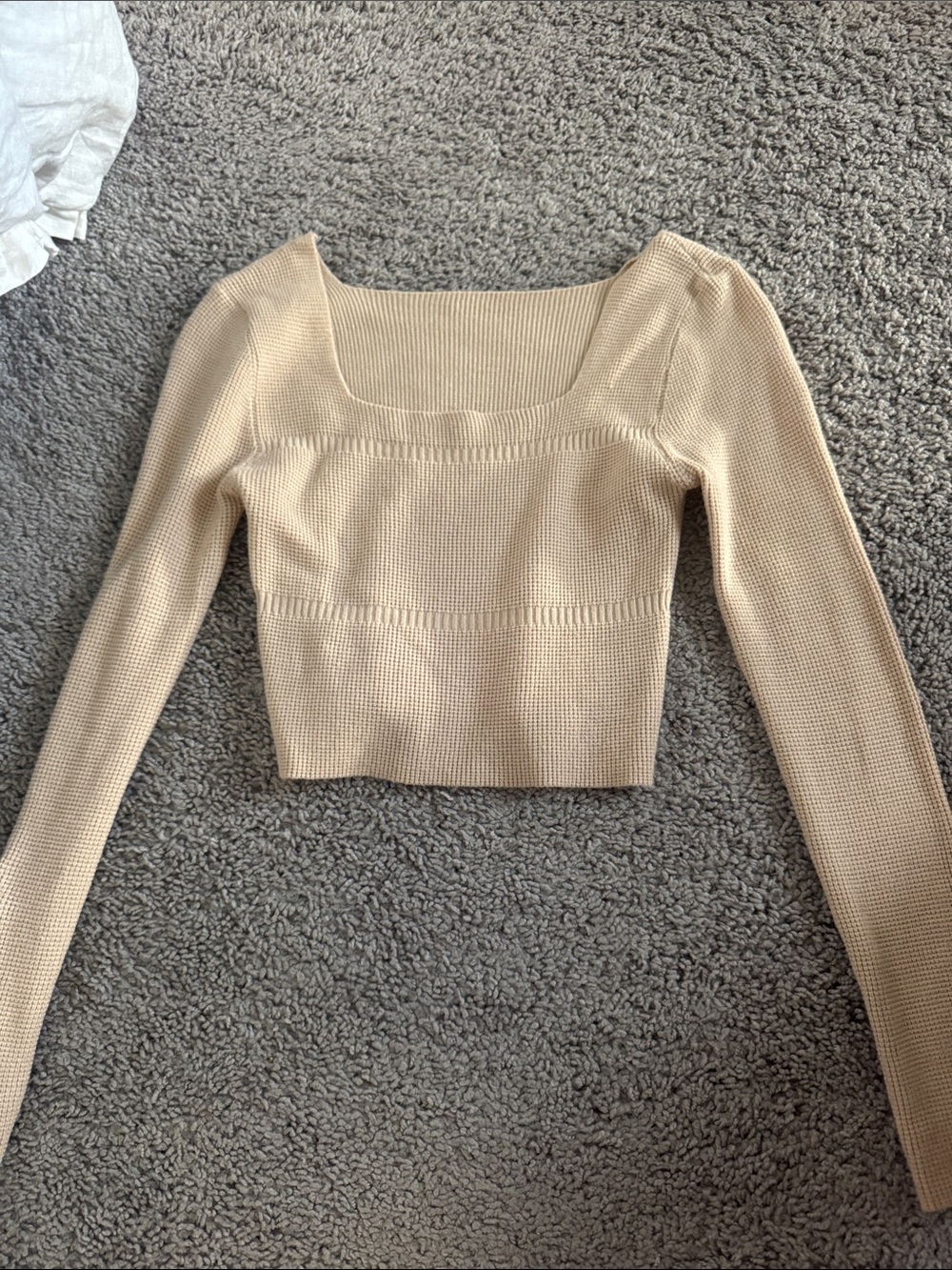 Beige Knit Square Neck Long Sleeve Crop Top